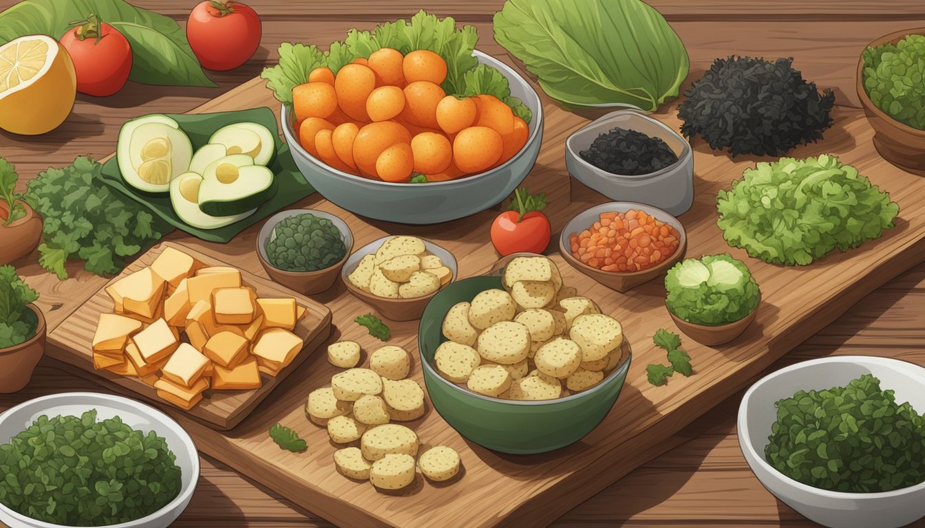 A variety of seaweed snacks arranged on a wooden board with fresh vegetables and fruits in the background