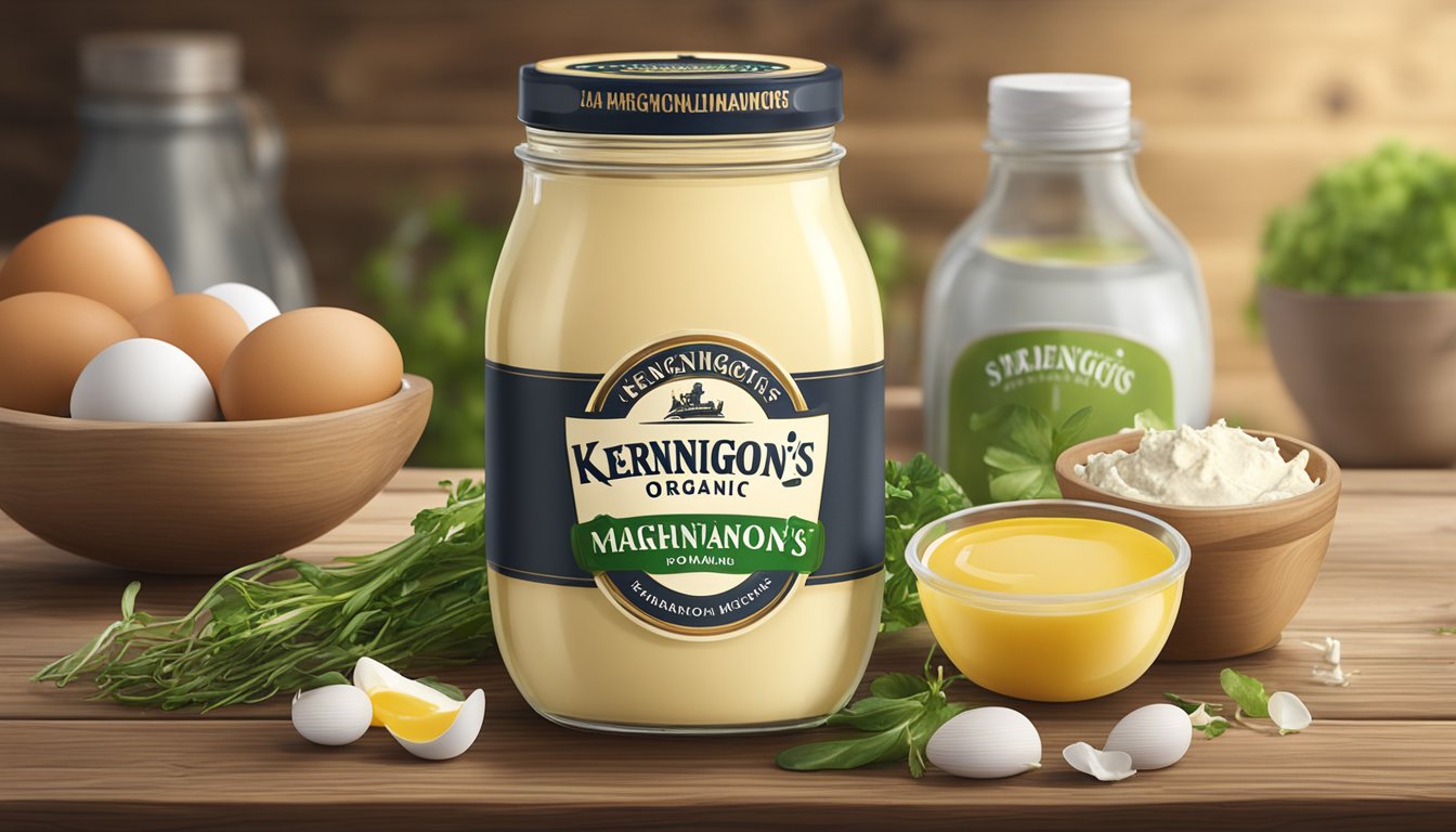 A jar of Sir Kensington's organic mayonnaise surrounded by fresh, whole ingredients like eggs, oil, and vinegar on a rustic wooden table