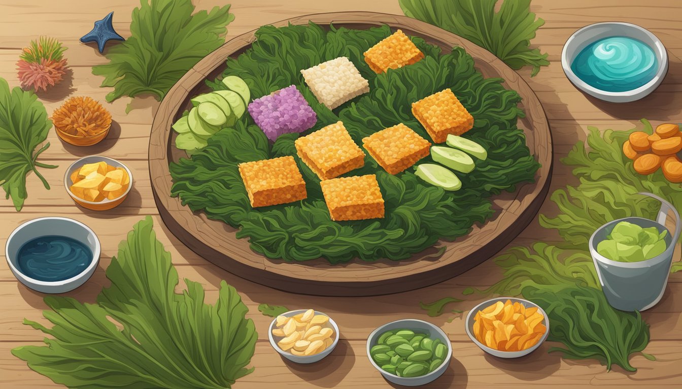 A colorful array of seaweed snacks arranged on a wooden platter, surrounded by vibrant green seaweed leaves and ocean-themed decor