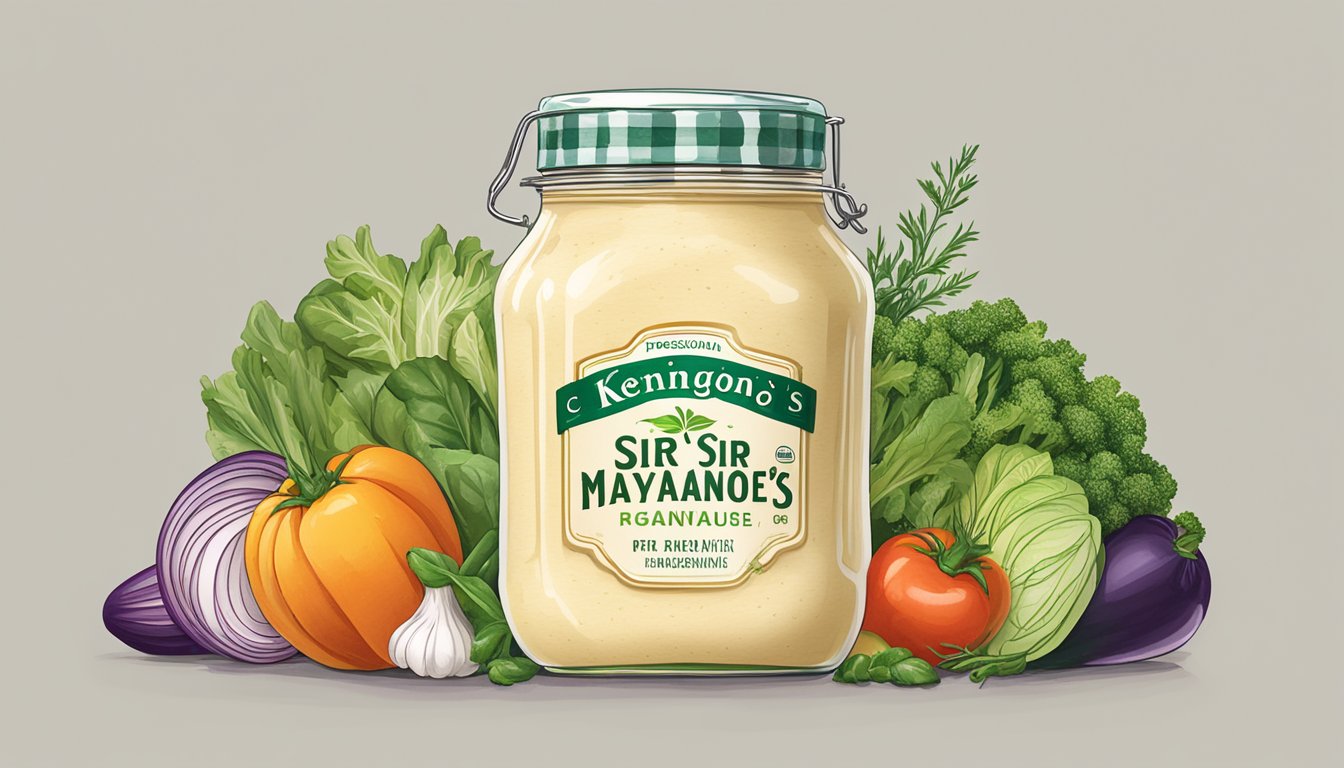 A jar of Sir Kensington's organic mayonnaise surrounded by fresh, colorful vegetables and herbs