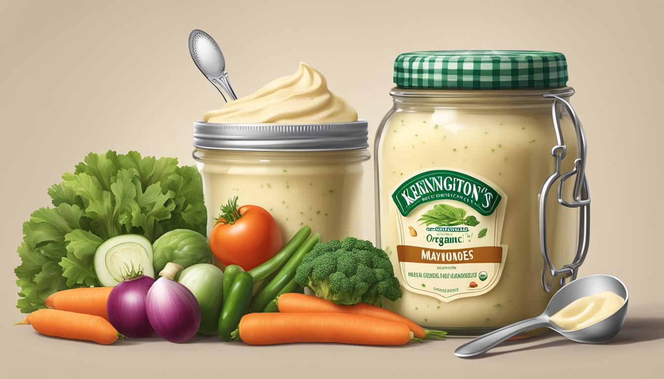 A jar of Sir Kensington's organic mayonnaise surrounded by fresh vegetables and a measuring spoon