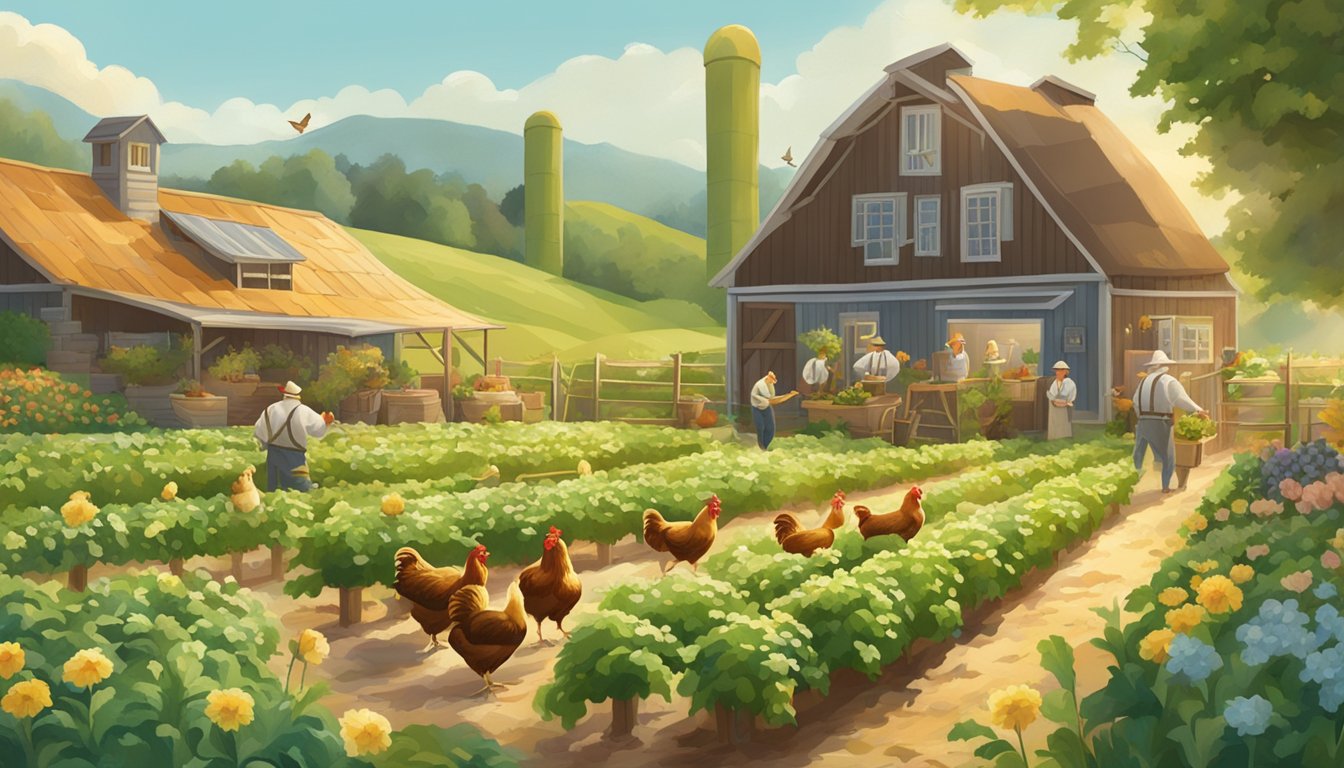 A lush farm with sunlit fields, happy chickens, and workers harvesting organic ingredients for Sir Kensington's mayonnaise