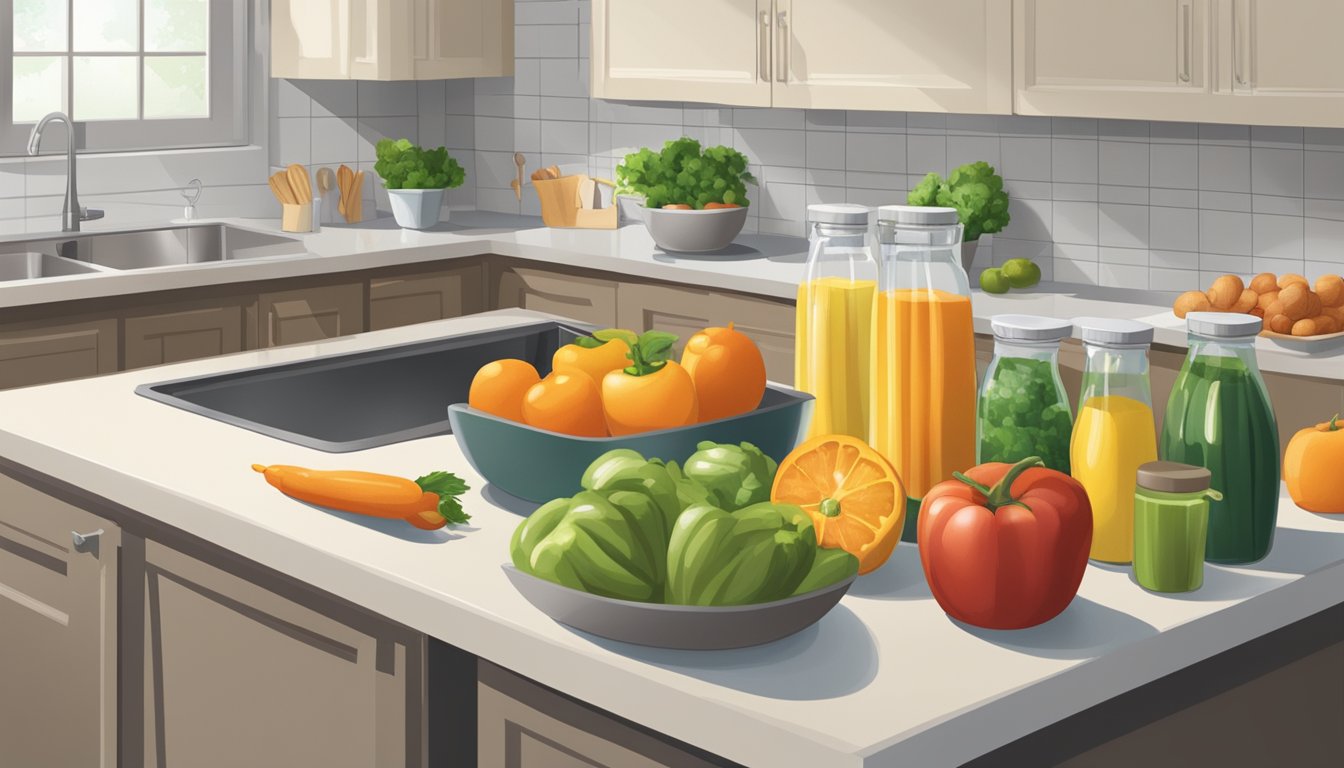 A kitchen counter with fresh produce, measuring cups, and containers for portioned meals. A calendar with designated fasting days is visible on the wall