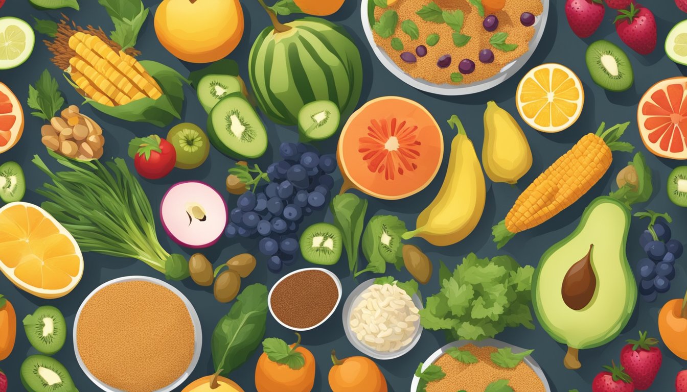 A table set with a variety of colorful and nutrient-rich foods, including fruits, vegetables, and whole grains, arranged in an appealing and appetizing display