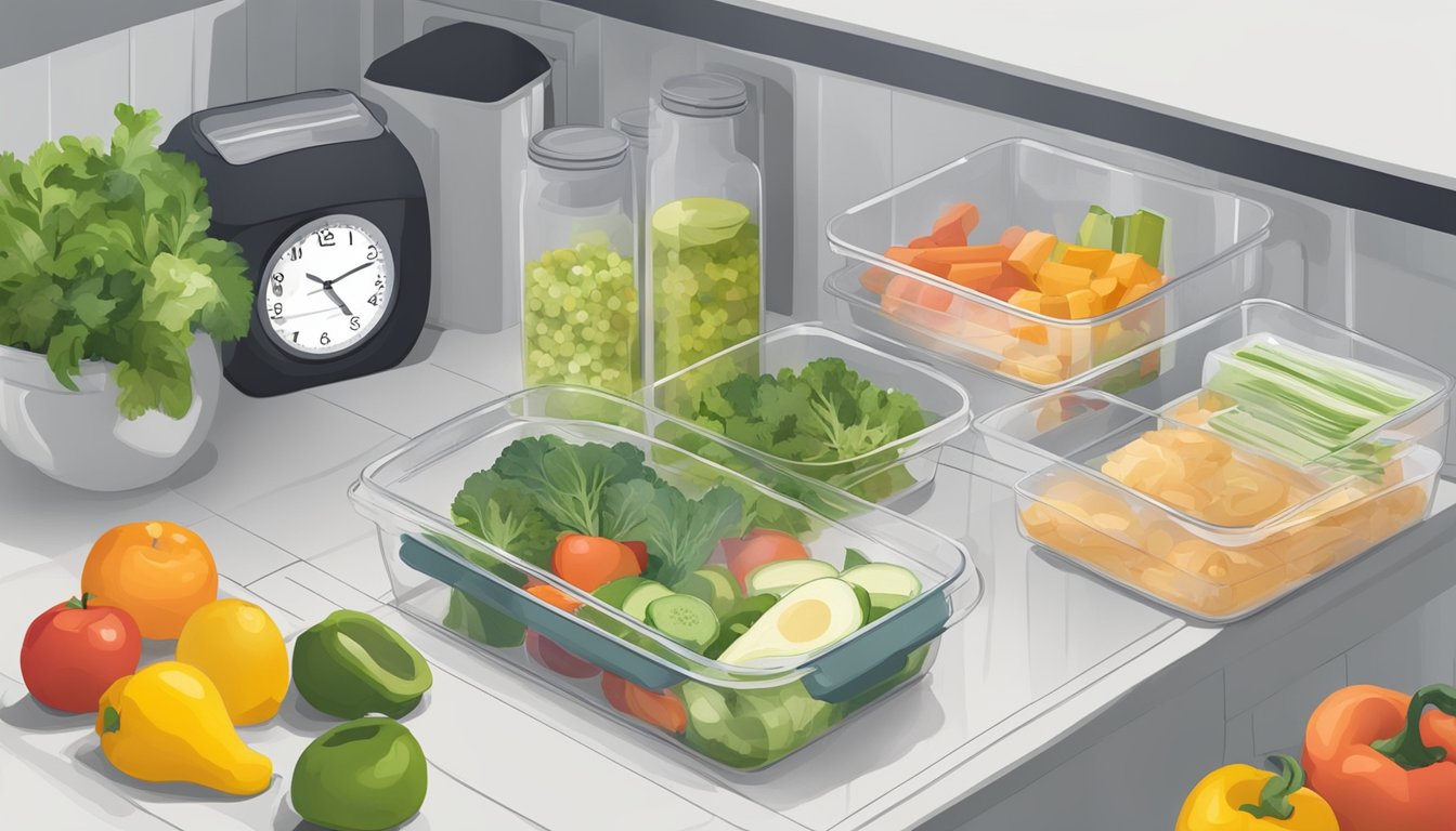 A kitchen counter with organized meal prep containers, fresh ingredients, and a calendar showing 5:2 diet schedule