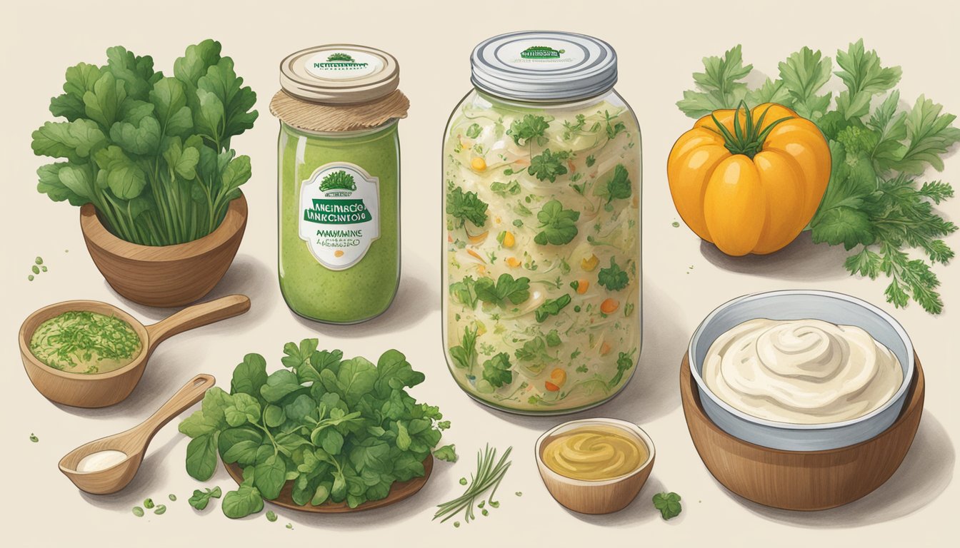 A jar of Sir Kensington's organic mayonnaise surrounded by fresh herbs, vegetables, and a variety of cooked dishes