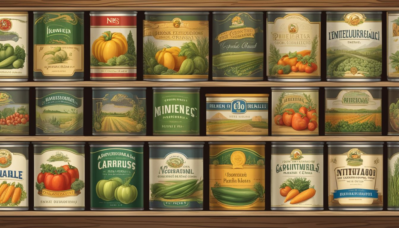 A row of vintage canned vegetable labels displayed on a wooden shelf, with a backdrop of historical agricultural scenes