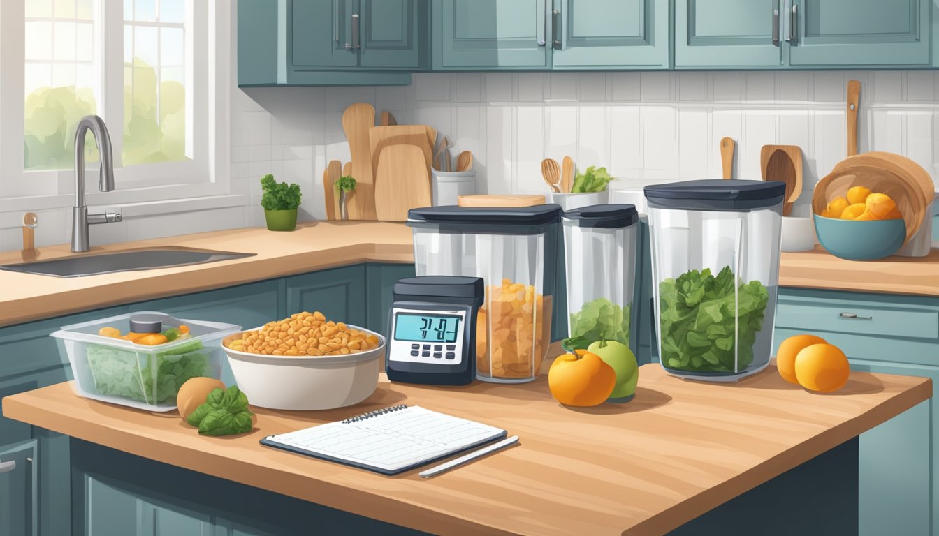 A kitchen counter with neatly organized containers of food, a meal prep planner, and a digital scale. A calendar with marked 5:2 diet days hangs on the wall