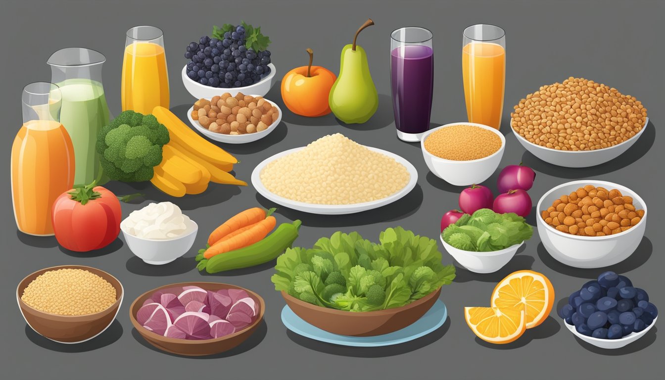 A table set with a variety of nutrient-dense foods, including fruits, vegetables, whole grains, and lean proteins, arranged in an appealing and appetizing display