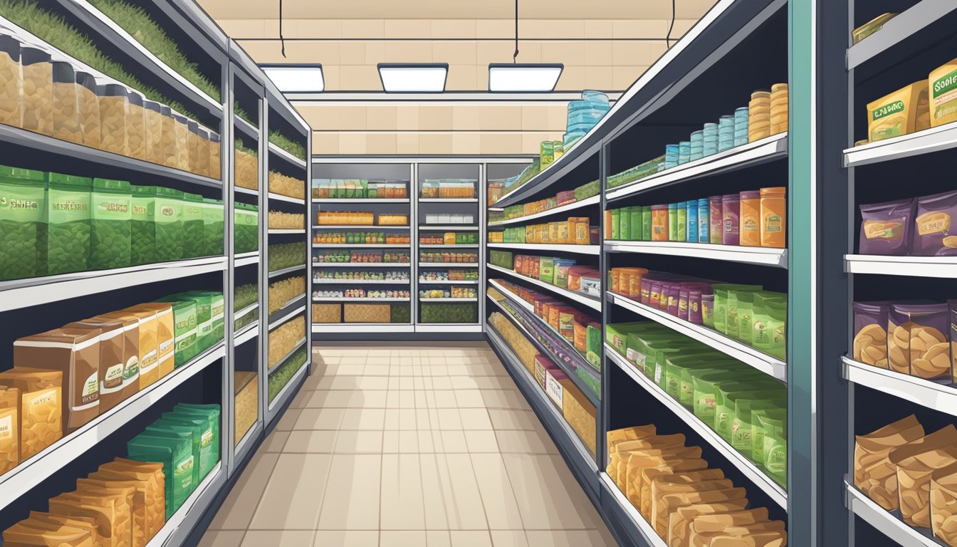 A grocery store aisle with shelves stocked with various brands of seaweed snacks. A pantry with neatly organized containers storing the snacks