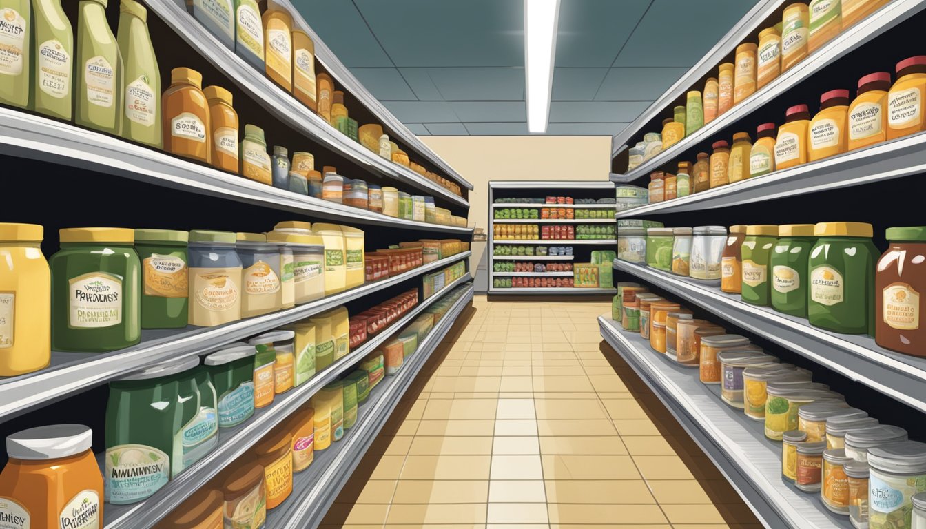 A grocery store aisle with shelves of condiments, featuring jars of Sir Kensington's organic mayonnaise prominently displayed