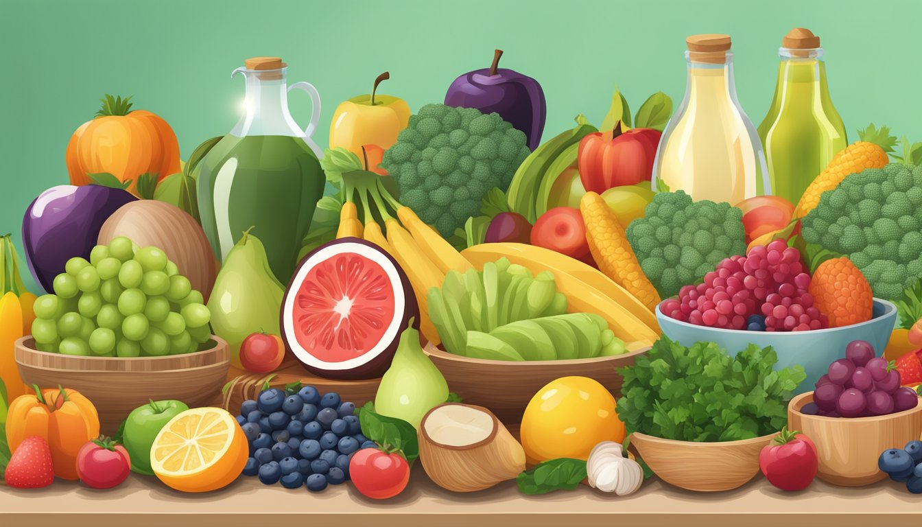 A colorful array of nutrient-rich fruits, vegetables, and whole grains arranged on a table, with a variety of healthy fats and proteins in the background