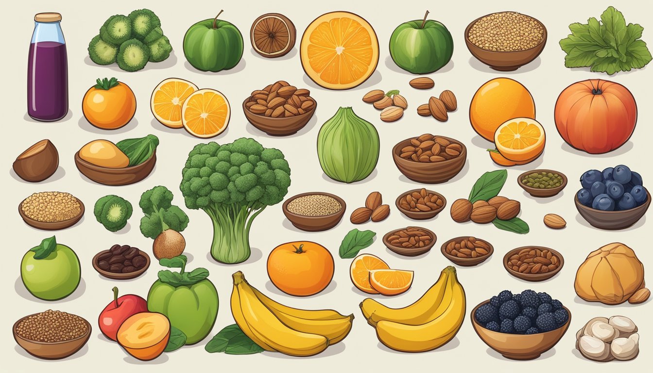 A table with a variety of nutrient-dense foods such as fruits, vegetables, nuts, and seeds, alongside processed and high-sugar foods to avoid