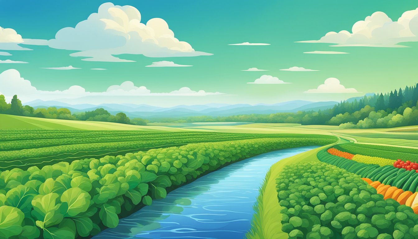 A lush green field with rows of vibrant vegetables, surrounded by clear blue skies and a flowing river, showcasing the natural beauty and sustainability of the best canned vegetables brands