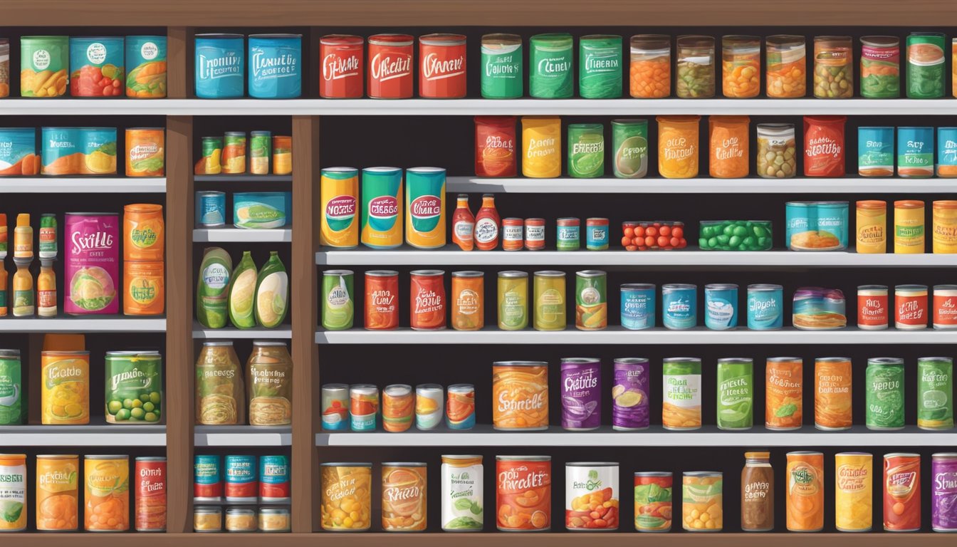 A pantry shelf with neatly organized rows of colorful canned vegetables, accompanied by safety tips signage and logos of top brands