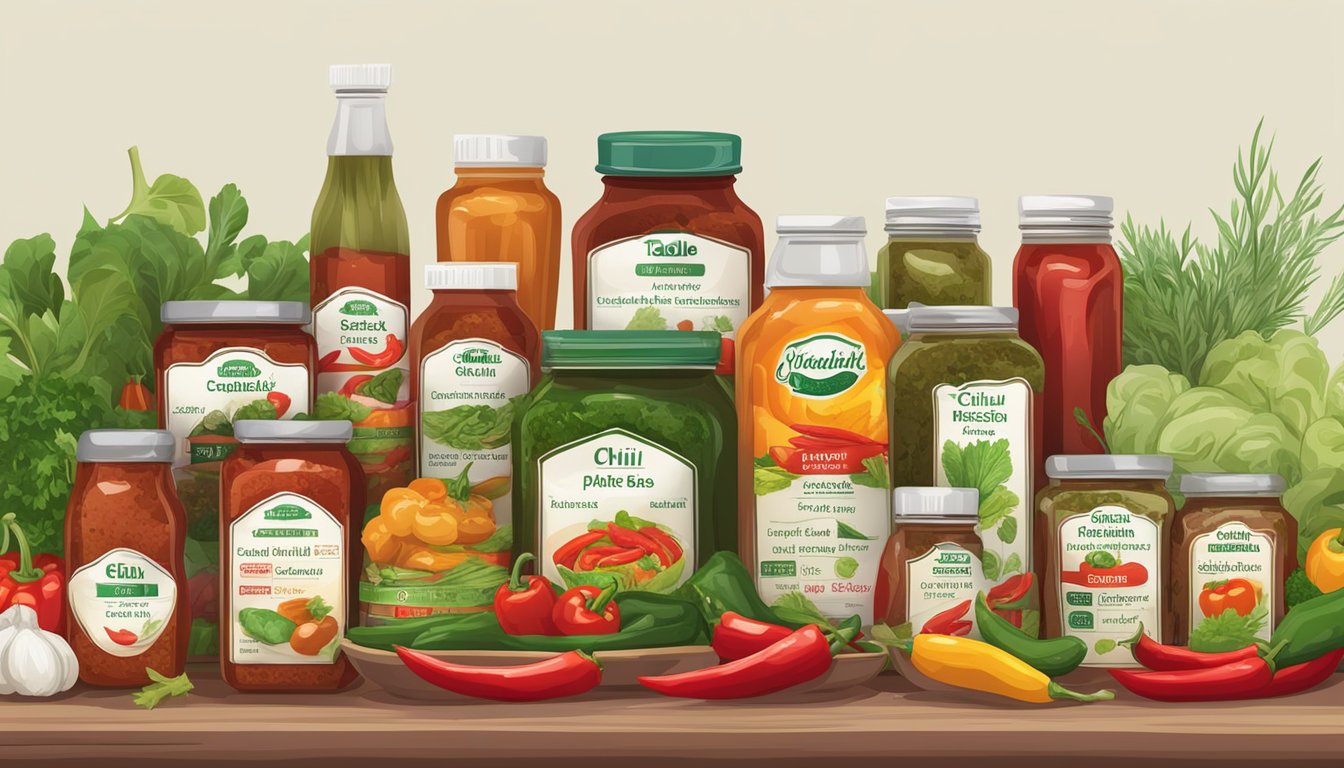 A table with various chili paste brands, surrounded by fresh vegetables and herbs, with a focus on nutrition labels and ingredient lists