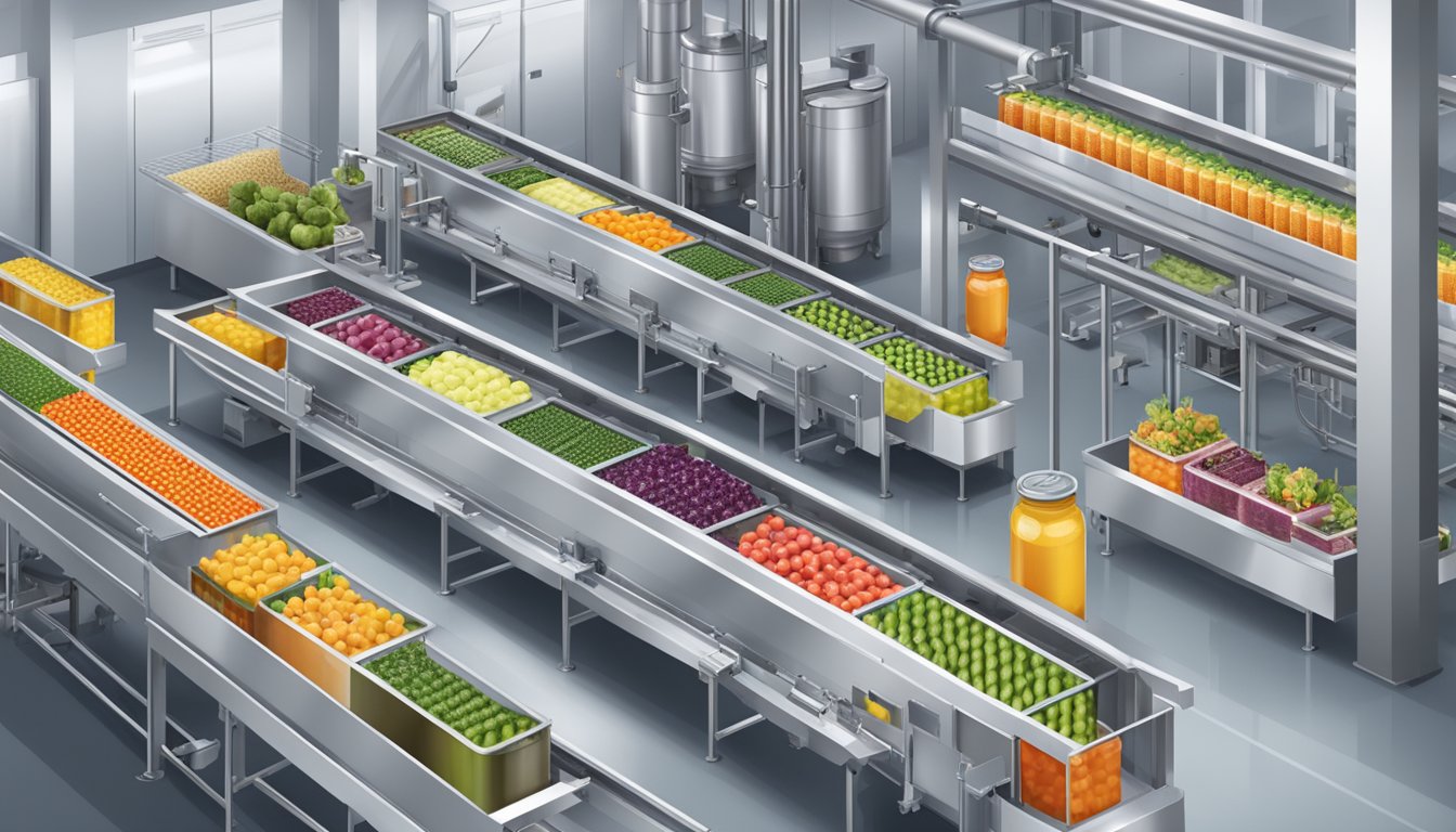 A modern canning facility with high-tech machinery and conveyor belts, producing top-quality canned vegetables for leading brands