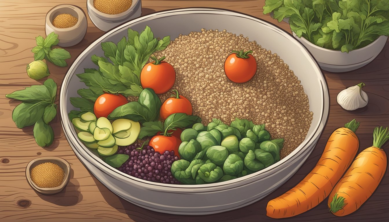 A bowl of truRoots organic sprouted quinoa surrounded by fresh vegetables and fruits on a wooden table