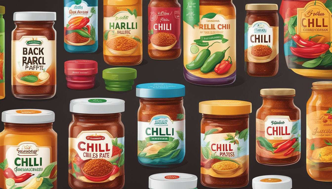 A table with various jars of chili paste, each labeled with a different top brand logo. Bright lighting highlights the colorful packaging