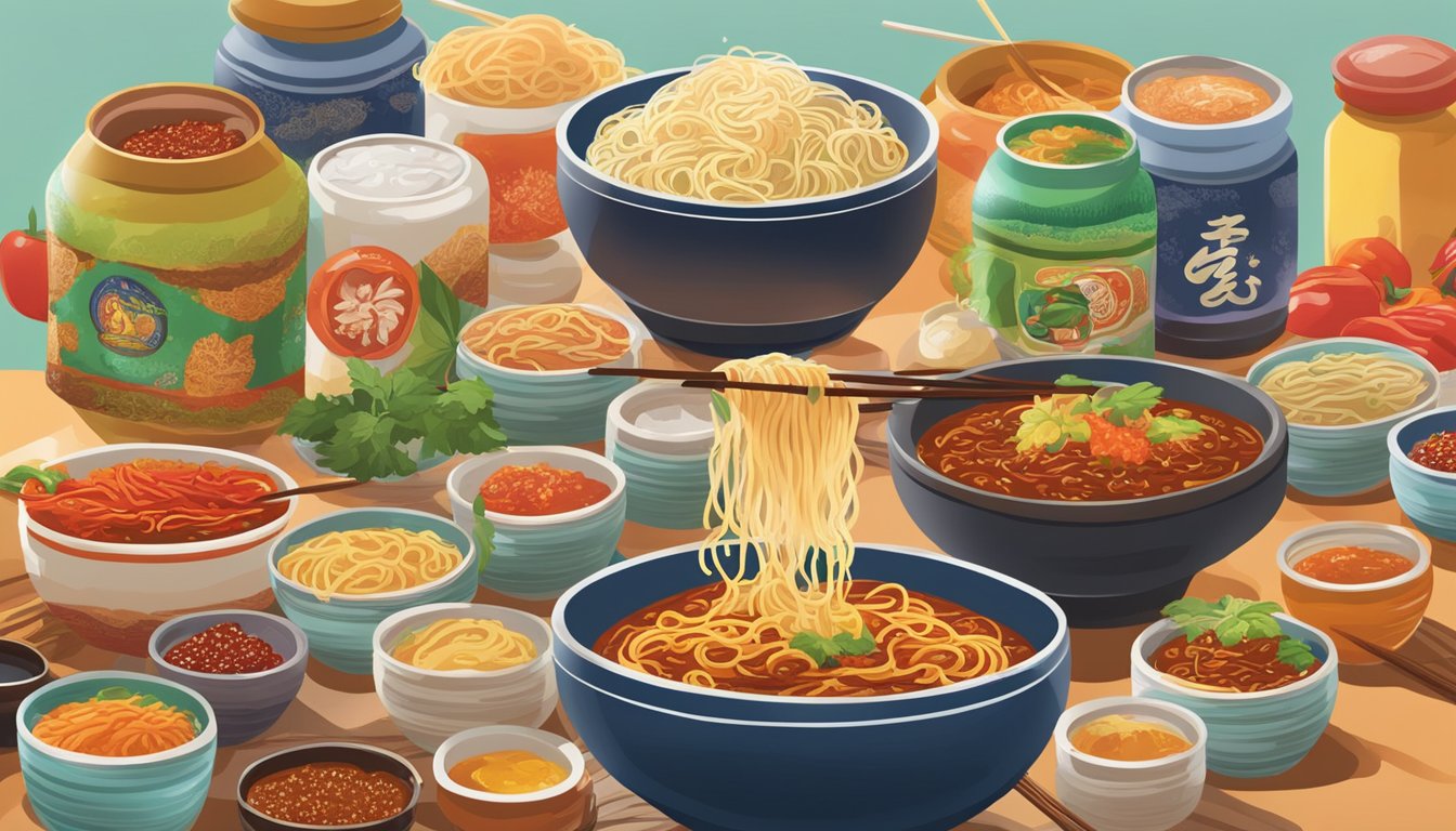 A steaming bowl of noodles with chili paste being drizzled over the top, surrounded by various chili paste brands in colorful jars