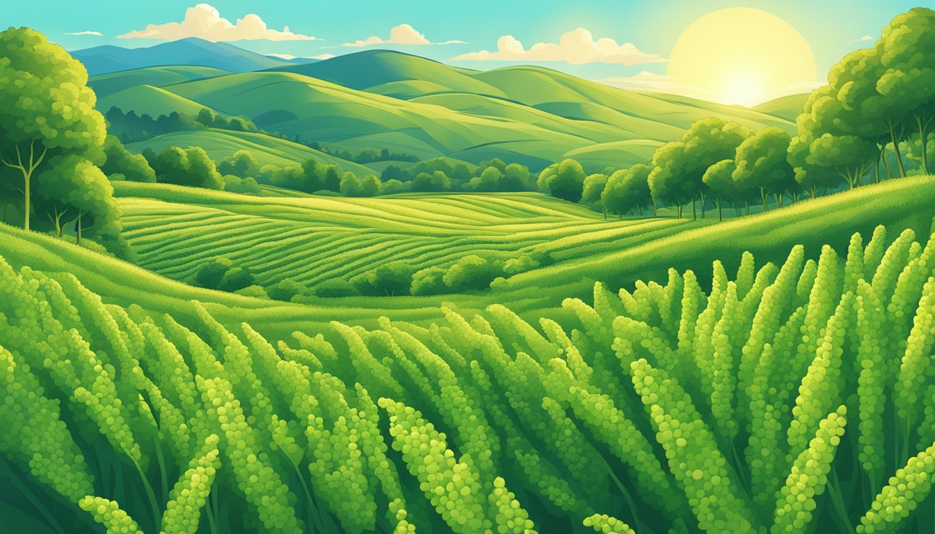 A lush field of vibrant green quinoa plants growing under the warm sun, surrounded by rolling hills and clear blue skies