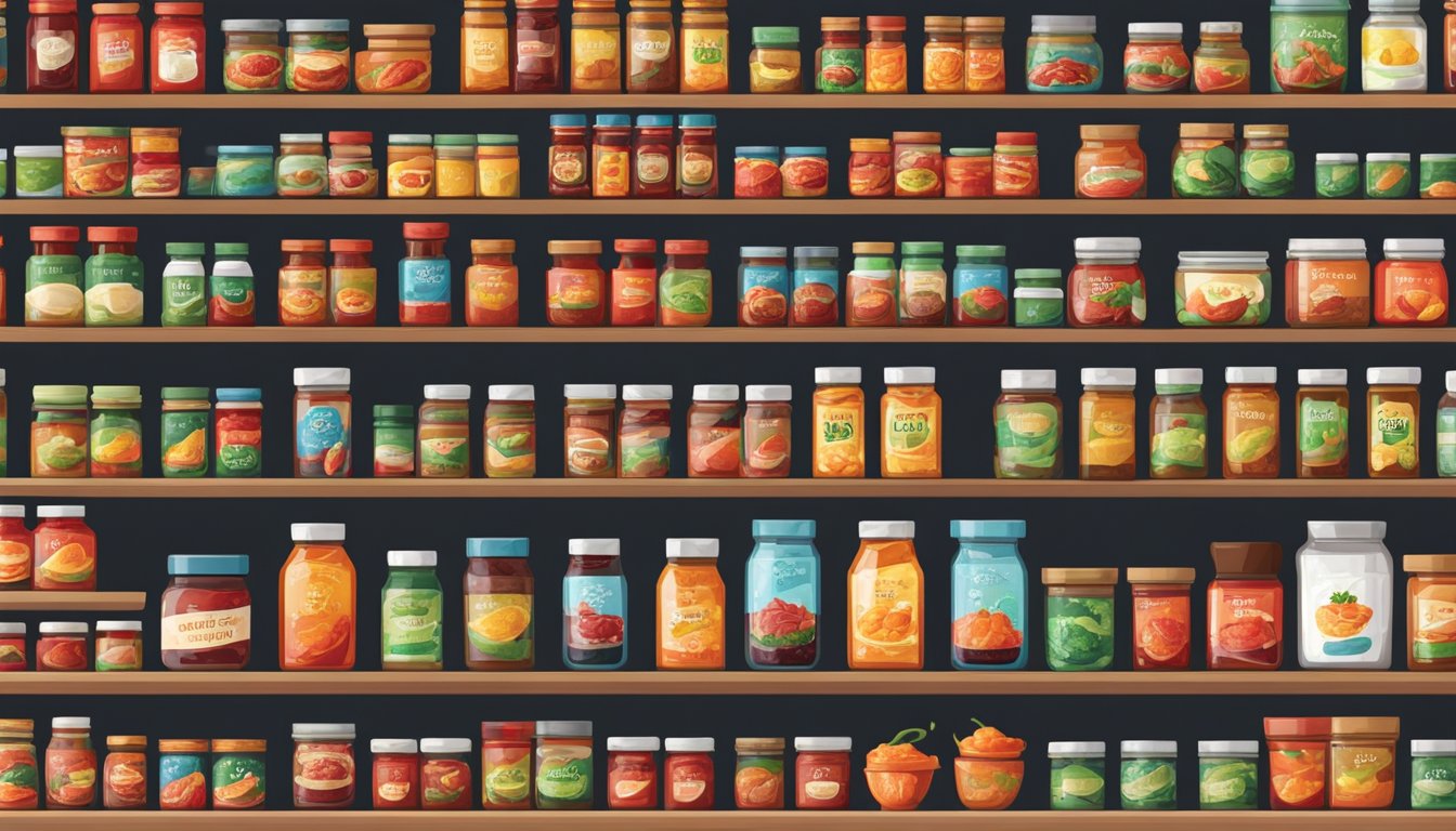 Various chili paste brands lined up on pantry shelves, with colorful labels and different sized jars