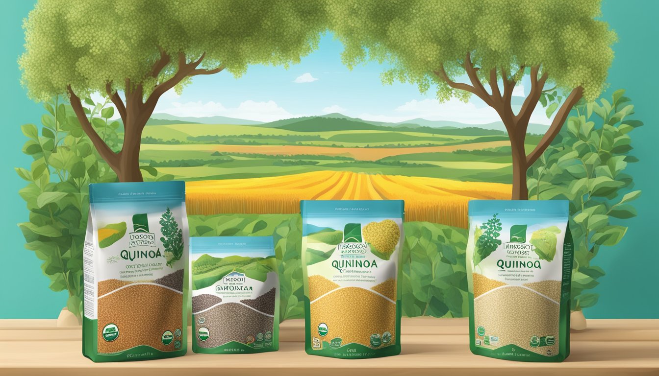 A colorful display of TruRoots organic sprouted quinoa in various packaging sizes, surrounded by images of ripe quinoa plants and fields