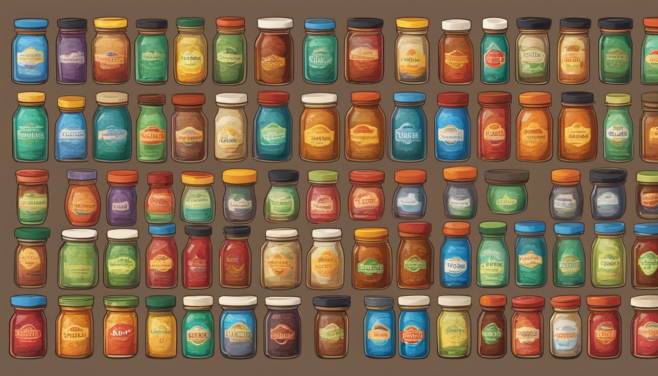 A colorful array of chili paste jars, each labeled with a different brand name, arranged on a rustic wooden table