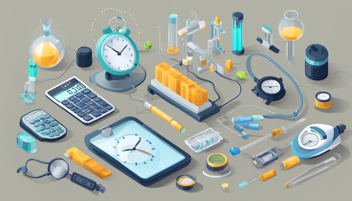 A table with various health monitoring devices and test tubes, surrounded by scientific equipment and a clock, representing the concept of intermittent fasting and aging