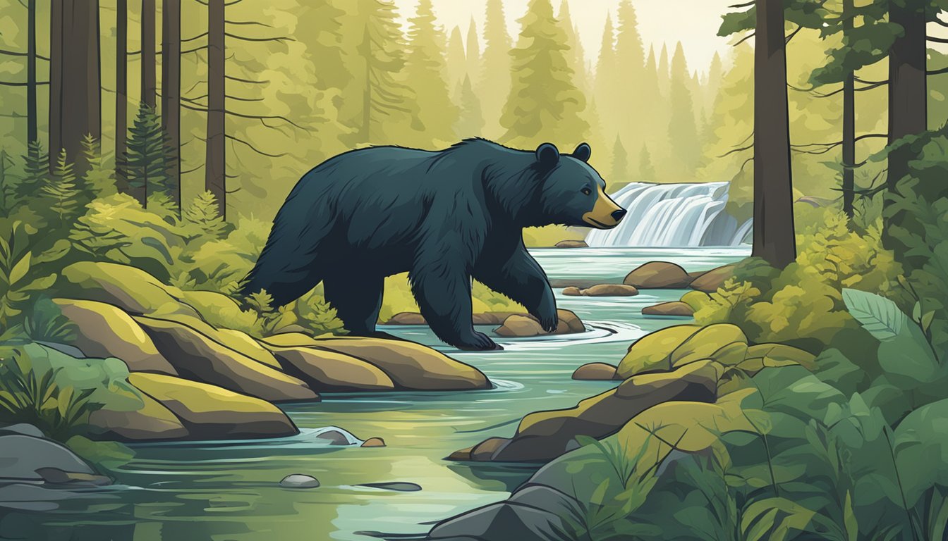 A lush forest with a clear stream, where a bear catches a salmon. Nearby, a person displays sustainable canned salmon