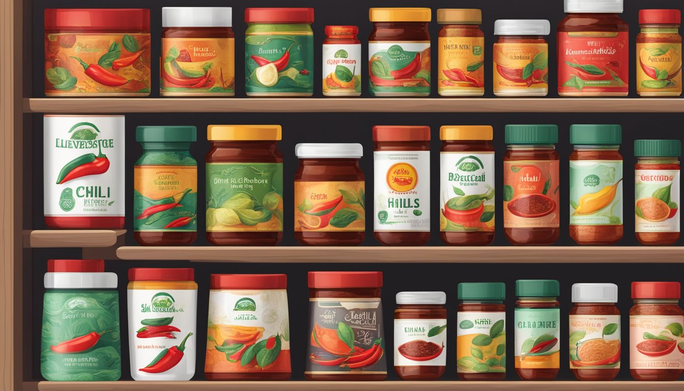 A variety of chili paste brands displayed on a shelf with different packaging and label designs