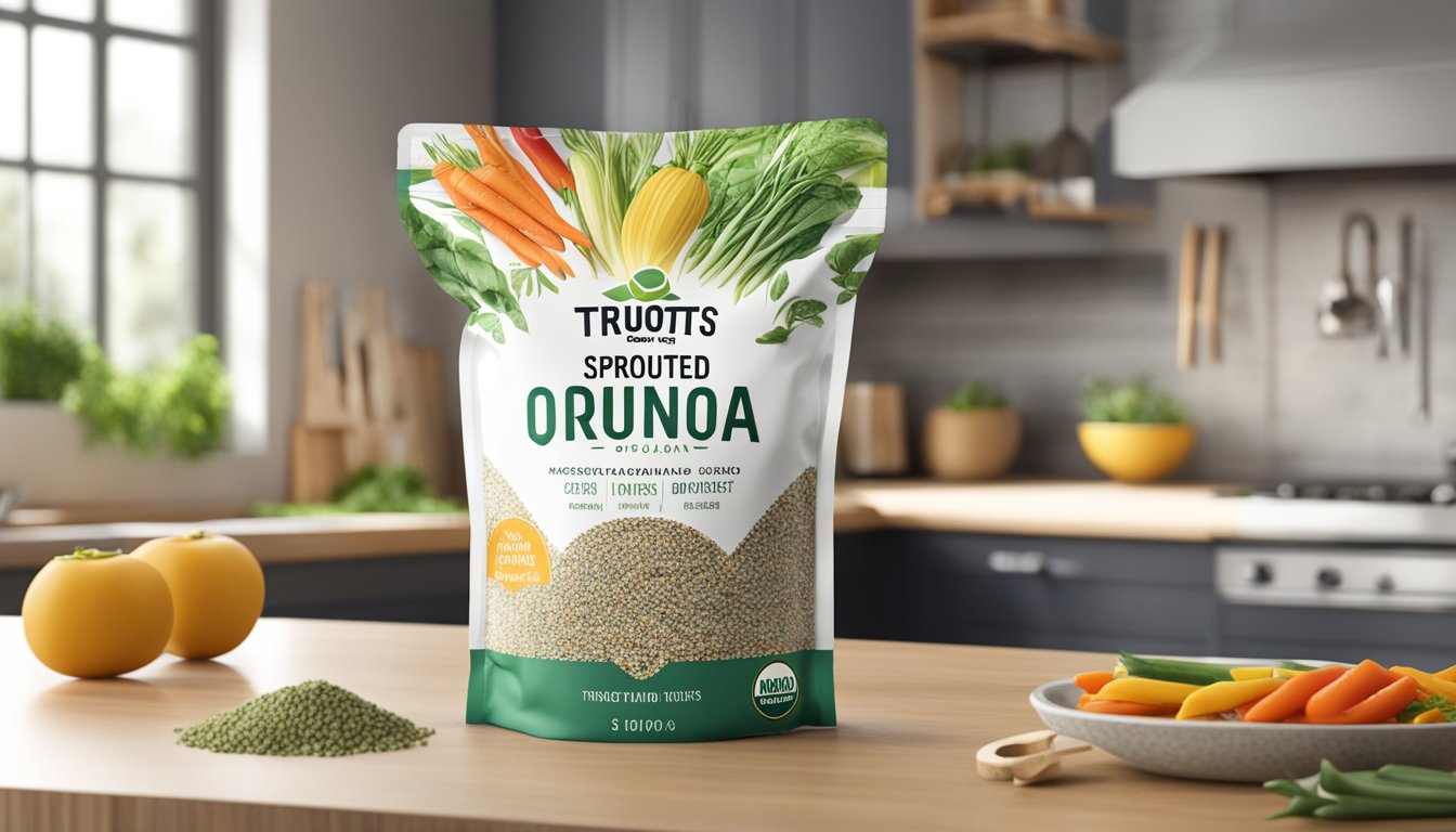 A clear, resealable bag of truroots organic sprouted quinoa surrounded by colorful, natural ingredients like vegetables and herbs, with a modern kitchen in the background