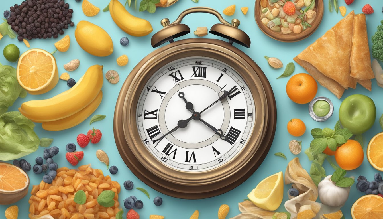 A clock face with hands frozen in time, surrounded by various foods representing the 5:2 diet, with an aging hourglass in the background