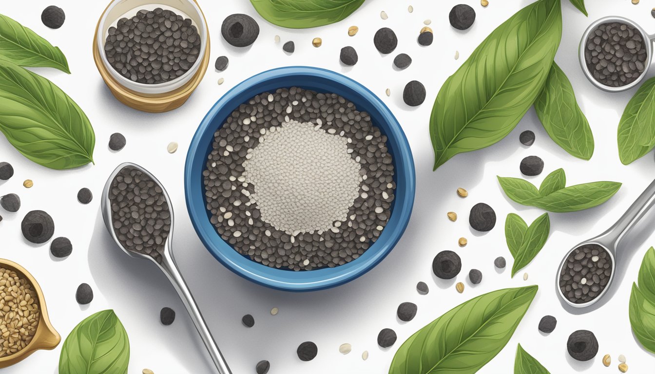 A close-up of a spoonful of Nutiva organic chia seeds, surrounded by scattered seeds and a measuring cup