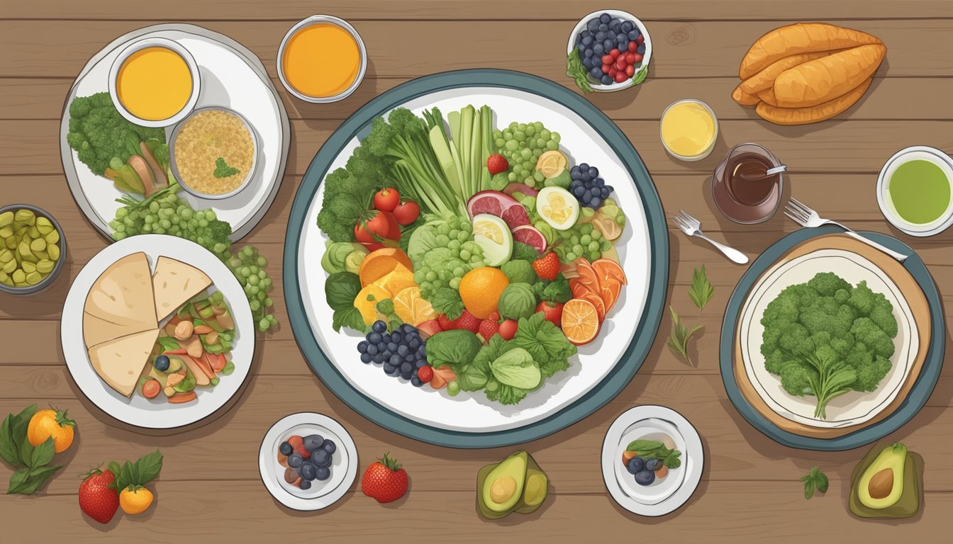 A table with a variety of healthy foods on one side, and an empty table on the other, symbolizing the contrast between feasting and fasting