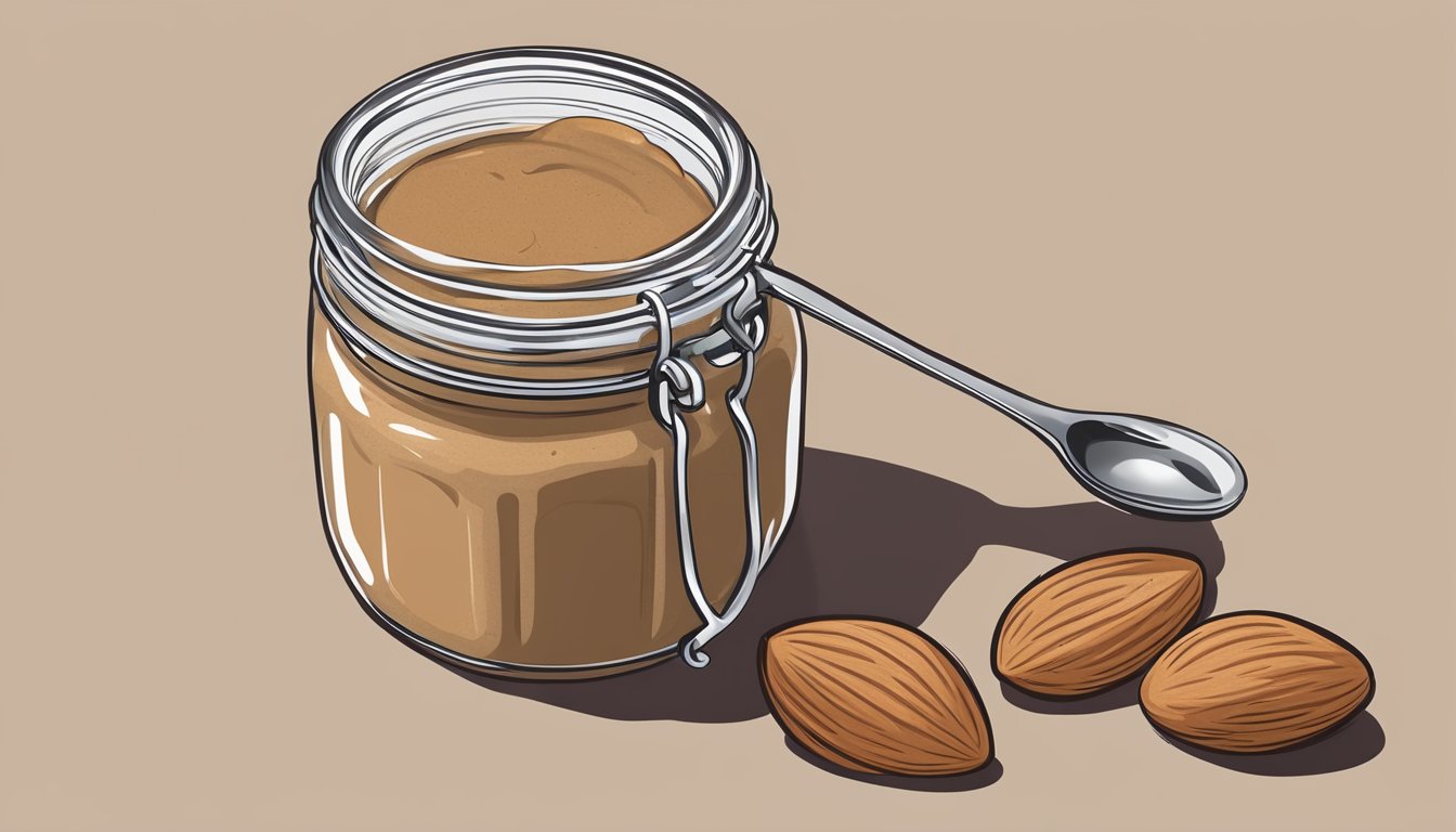 A jar of Justin's Classic Almond Butter surrounded by almonds, a spoon, and a nutrition label