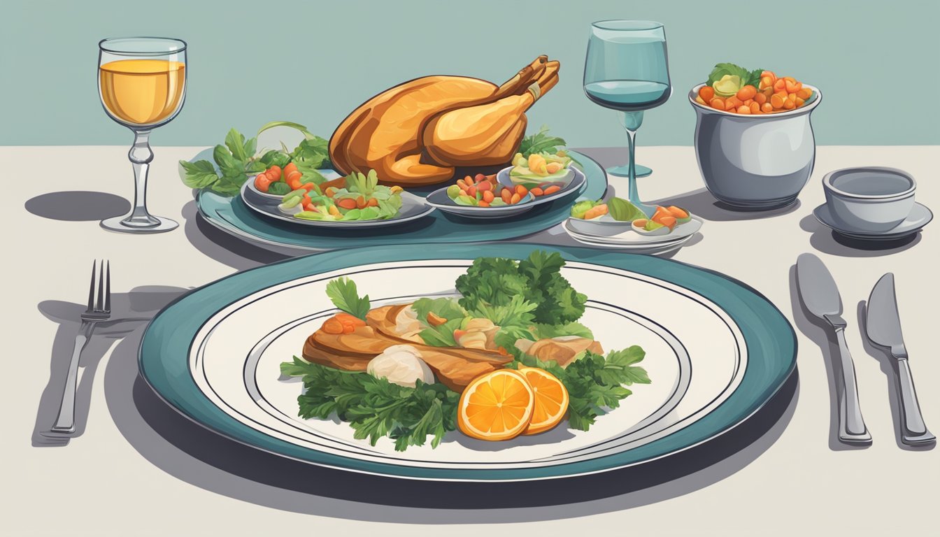 A table set with a lavish feast on one side and an empty, minimalist plate on the other, symbolizing the alternating feast and famine of alternate day fasting