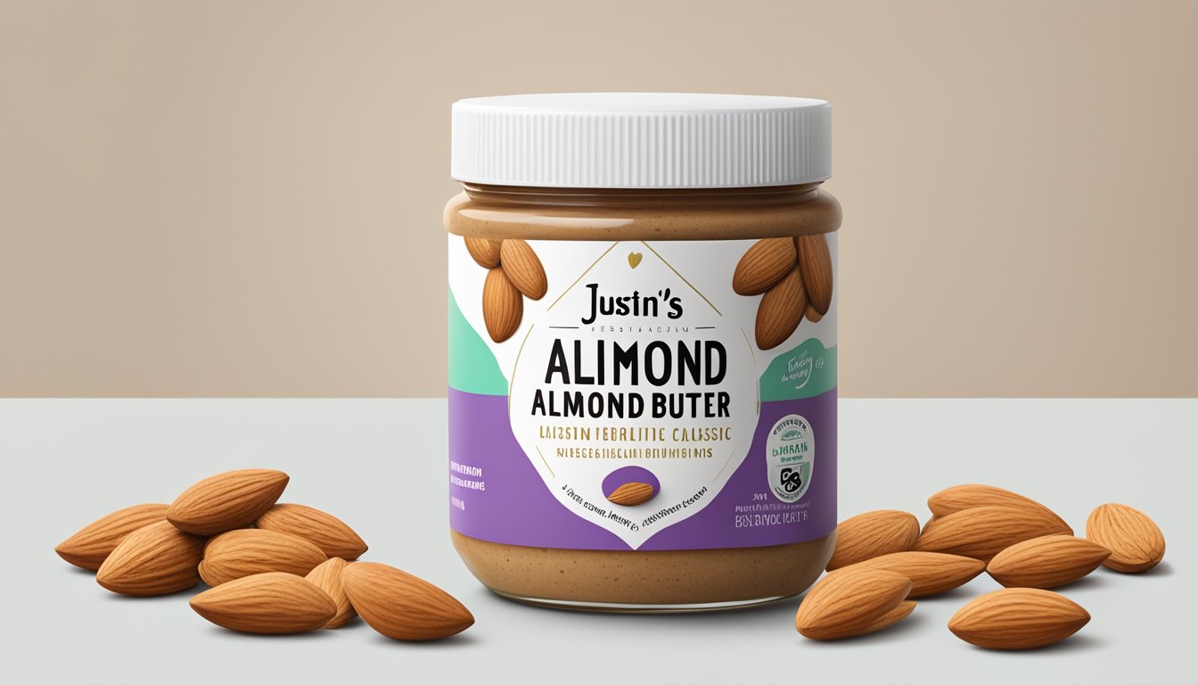 A jar of Justin's classic almond butter surrounded by scattered almonds and a label displaying allergen information