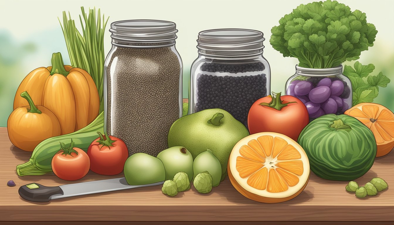 A glass jar filled with Nutiva organic chia seeds surrounded by various fruits and vegetables on a wooden cutting board