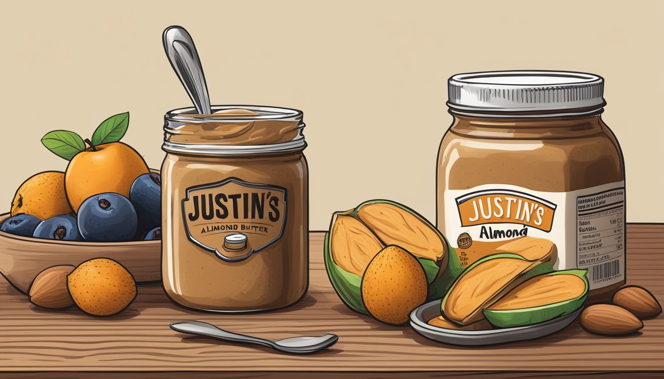 A jar of Justin's Classic Almond Butter sits open on a wooden table, surrounded by a spreader and various fruits for serving