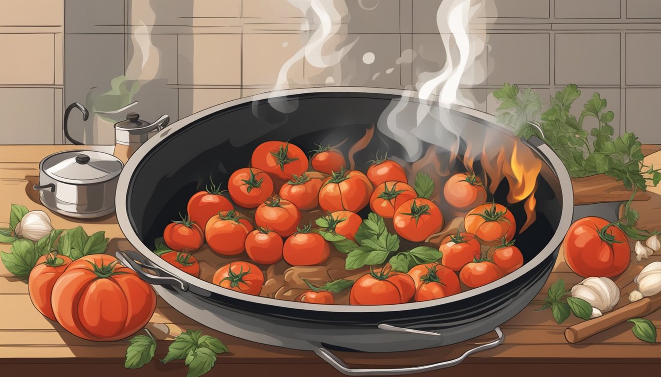 A rustic kitchen with fresh tomatoes, garlic, and herbs being simmered in a large pot over a crackling fire