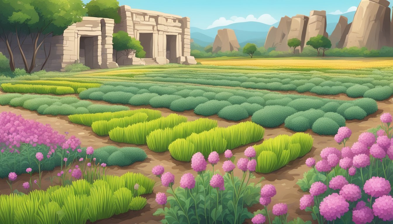 A field of blooming chia plants surrounded by ancient ruins and traditional farming tools