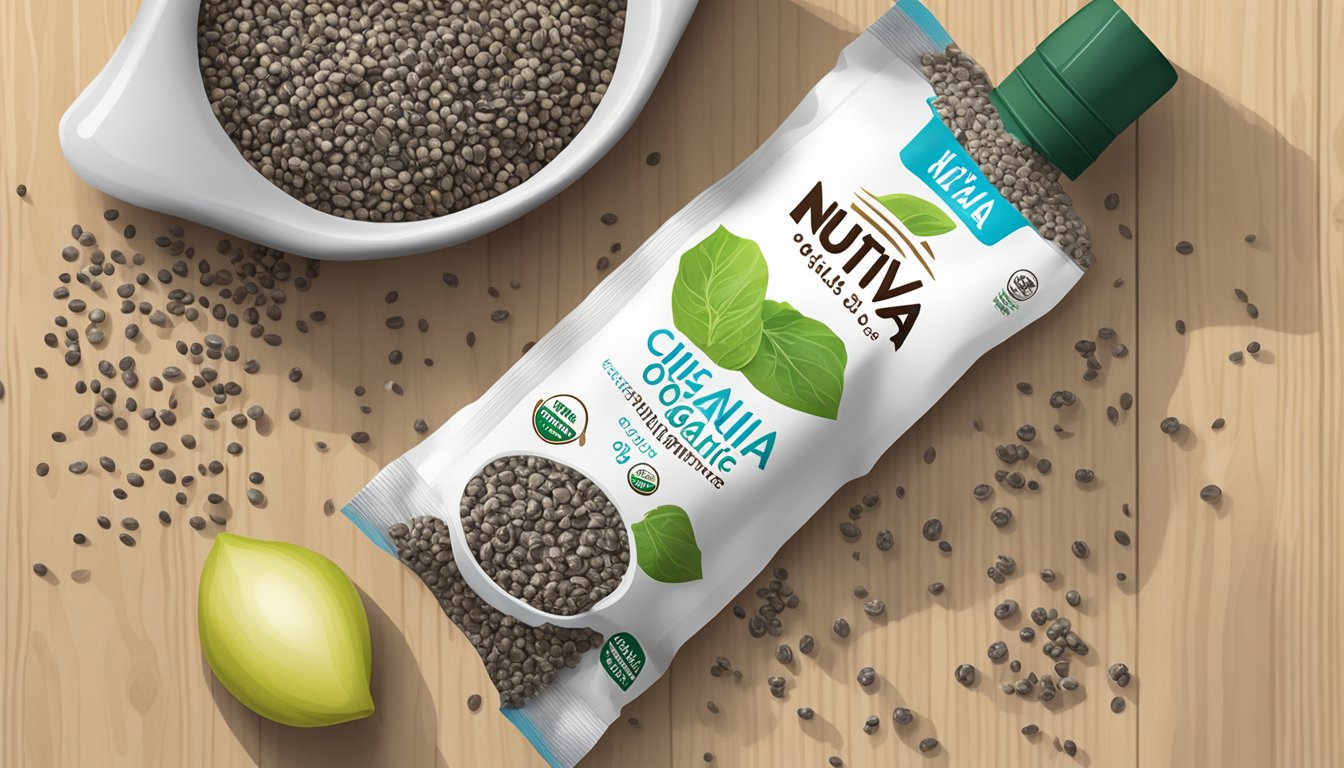 A bag of Nutiva organic chia seeds surrounded by scattered seeds on a wooden tabletop