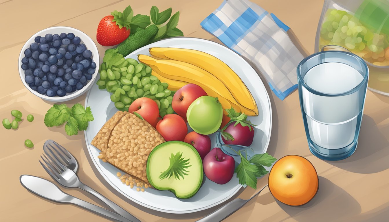 A table set with a balanced meal for ADF, including fruits, vegetables, lean protein, and whole grains, with a glass of water