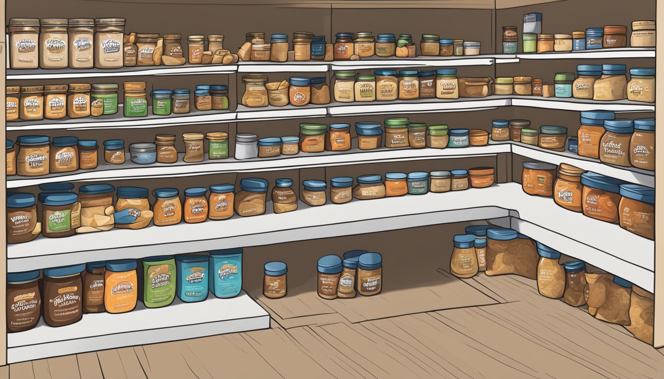 A jar of Justin's Classic Almond Butter surrounded by various product variants and purchasing options displayed on shelves