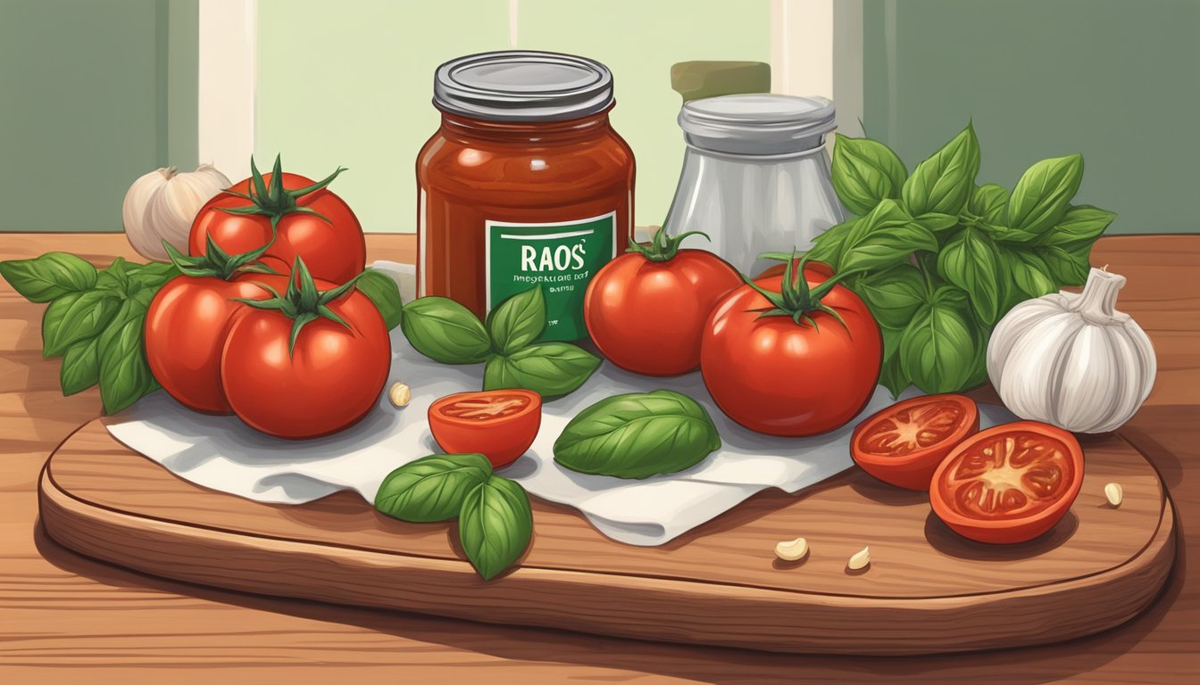 A jar of Rao's Homemade Marinara Sauce surrounded by fresh tomatoes, garlic, basil, and olive oil on a wooden cutting board