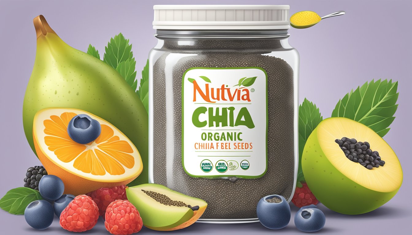 A jar of Nutiva organic chia seeds surrounded by colorful fruits and a measuring spoon