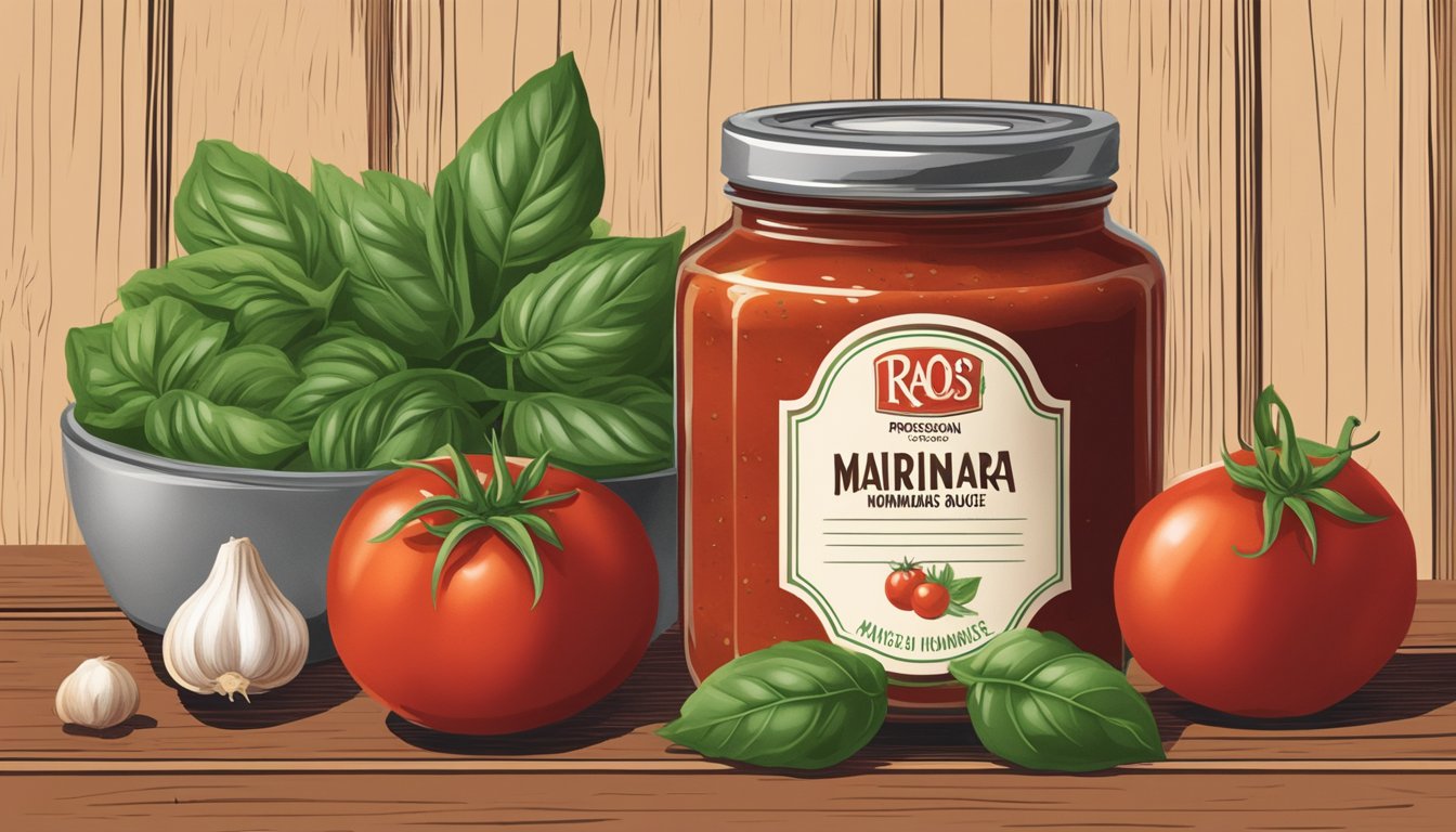 A jar of Rao's Homemade Marinara Sauce surrounded by fresh tomatoes, basil, and garlic cloves on a rustic wooden table