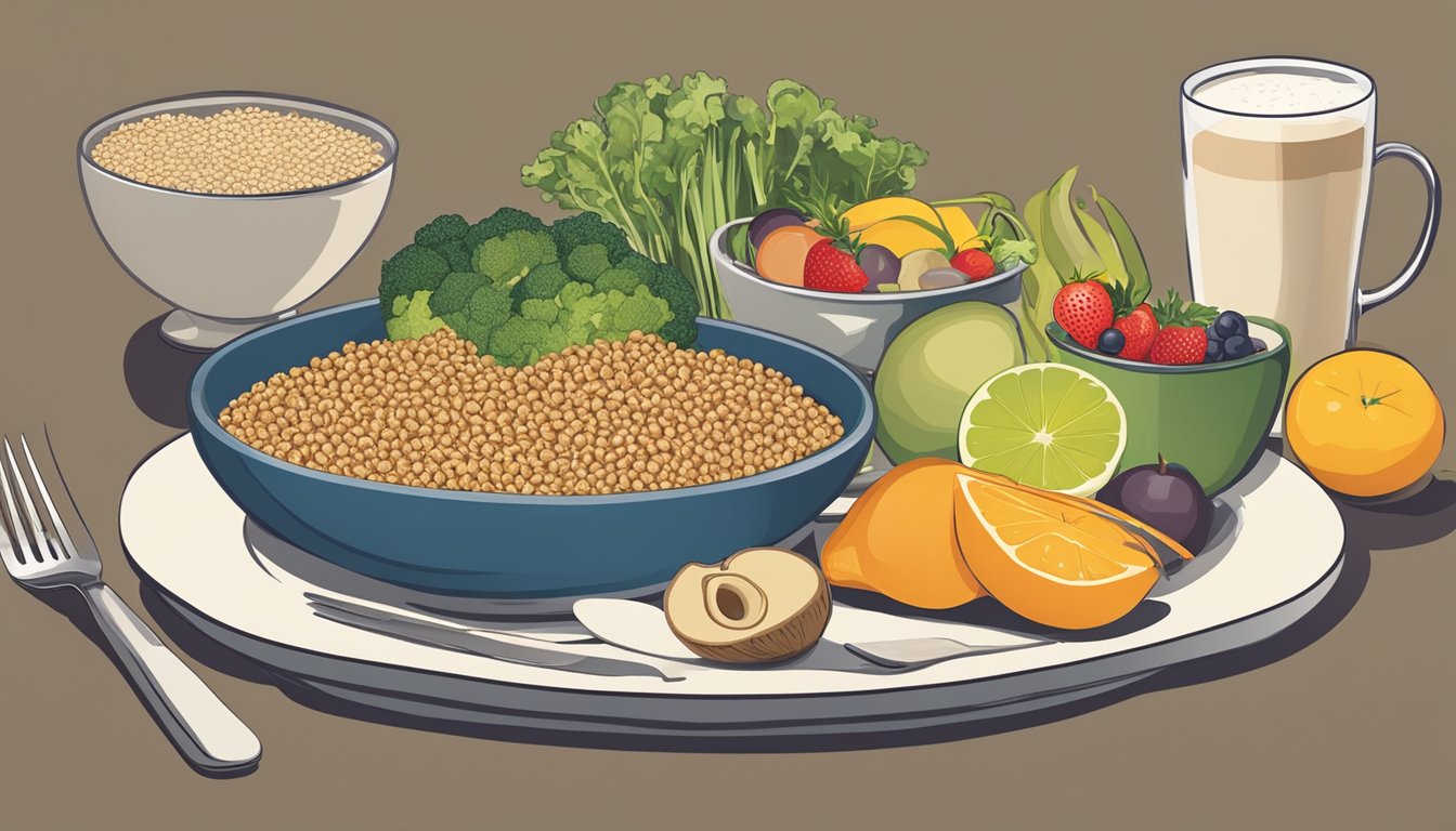 A table set with a balanced meal for ADF, including fruits, vegetables, lean protein, and whole grains. A clock shows the time for breaking the fast