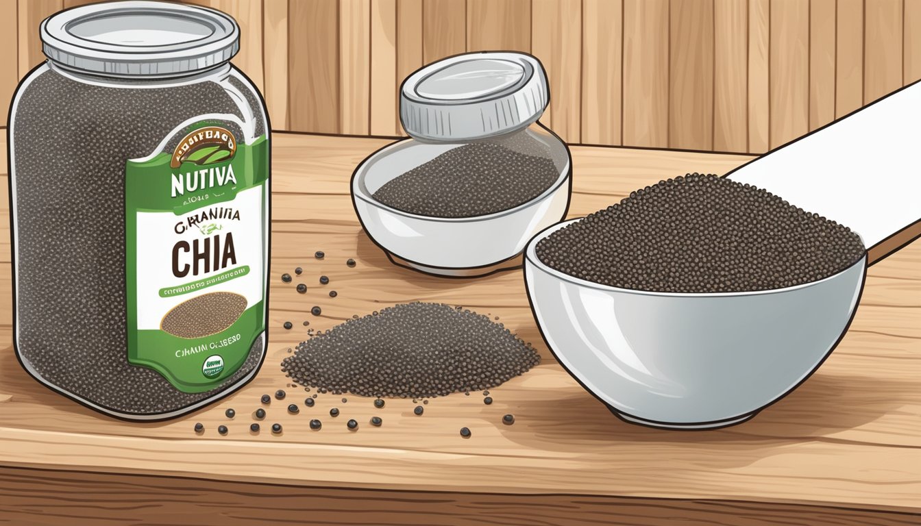 A hand pouring nutiva organic chia seeds from a bag into a glass jar on a wooden kitchen counter